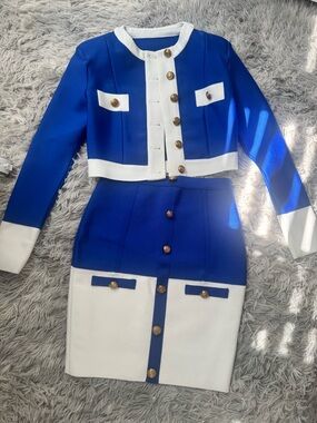 Cobalt Blue and White Two-Piece Button-Front Skirt Set